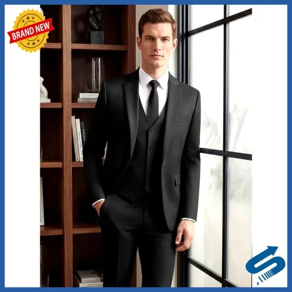 Slim Fit 3-Piece Suit Set Polyester Business Wedding Formal Blazer Vest Pants